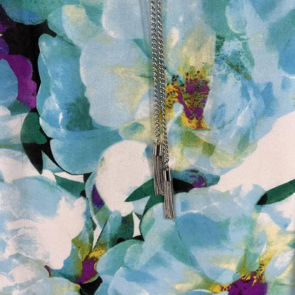 Calvin Klein Blouse Womens Medium Blue Floral Split Neck Chain Tassel Sheer‎ - Picture 5 of 16